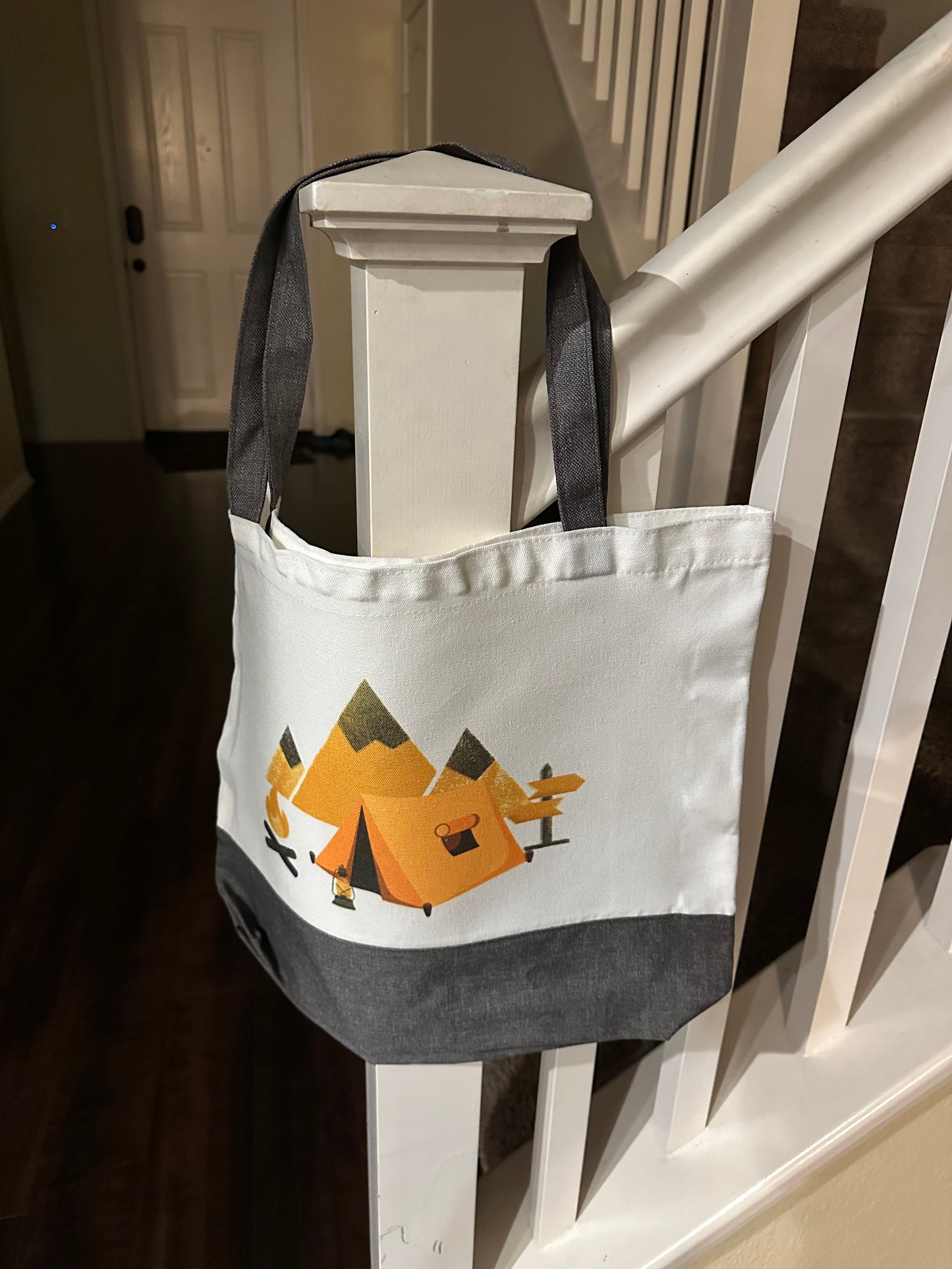 Camping Adventure Tote Bag | Large Canvas Tote | Campfire Design | Reusable Grocery & Library Bag | Outdoor Gift