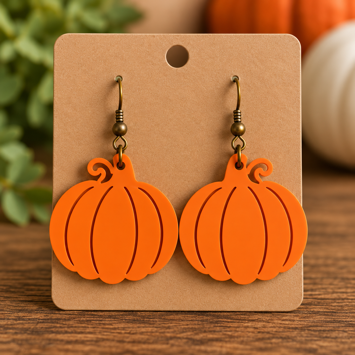 Orange acrylic pumpkin earrings mockup on kraft card