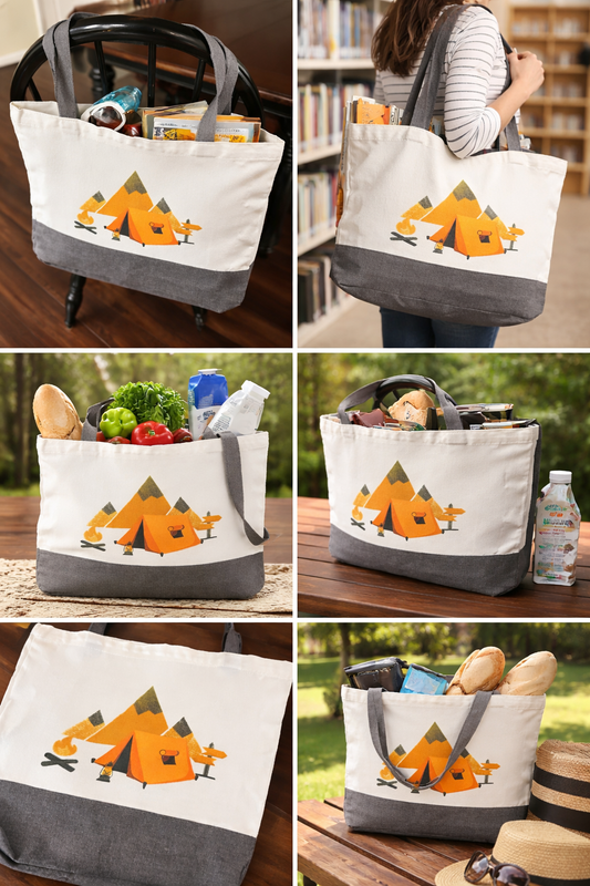 Camping Adventure Tote Bag | Large Canvas Tote | Campfire Design | Reusable Grocery & Library Bag | Outdoor Gift