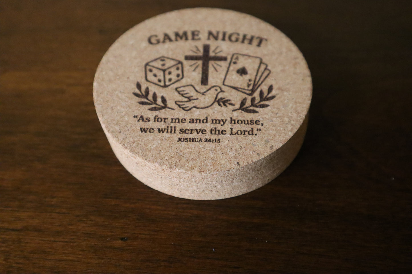 Game Night Christian Cork Coasters – Set of 6 Engraved with Scripture (Joshua 24:15)
