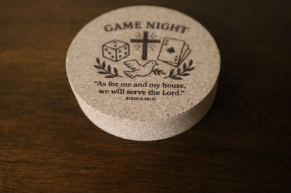 Game Night Christian Cork Coasters – Set of 6 Engraved with Scripture (Joshua 24:15)