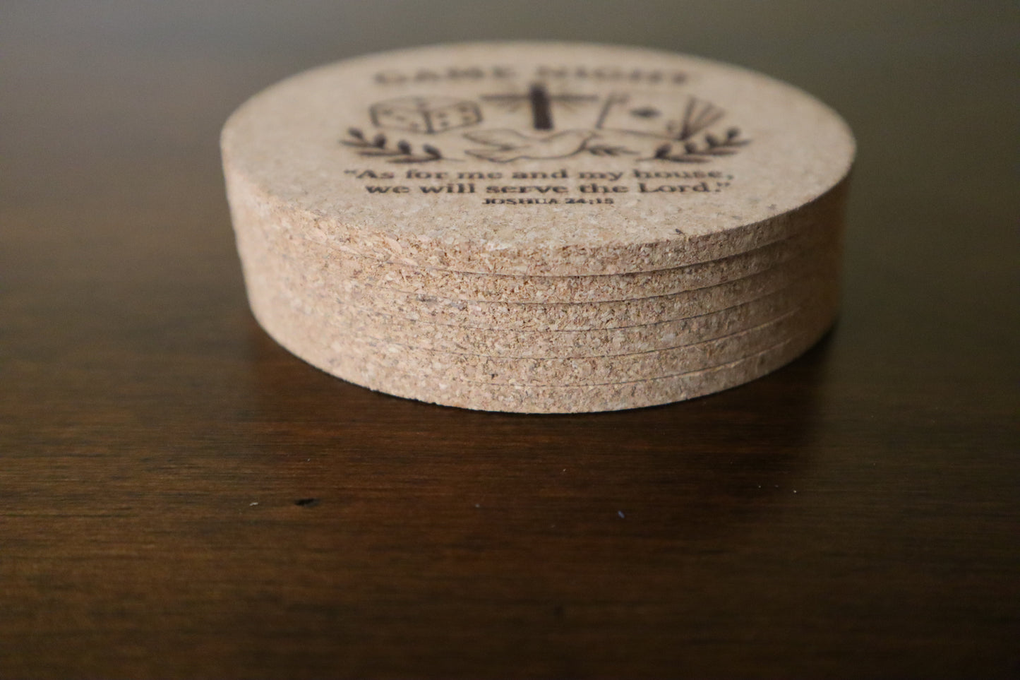 Game Night Christian Cork Coasters – Set of 6 Engraved with Scripture (Joshua 24:15)