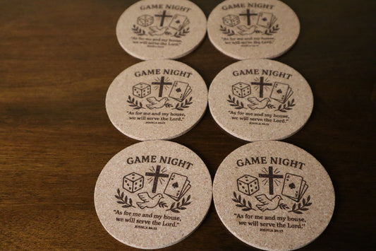 Game Night Christian Cork Coasters – Set of 6 Engraved with Scripture (Joshua 24:15)
