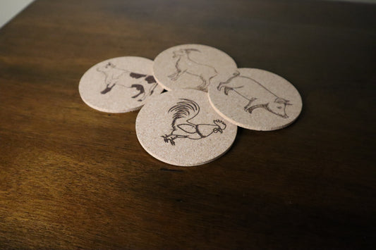 Farm Animal Cork Coasters Set – Cow, Goat, Pig & Rooster