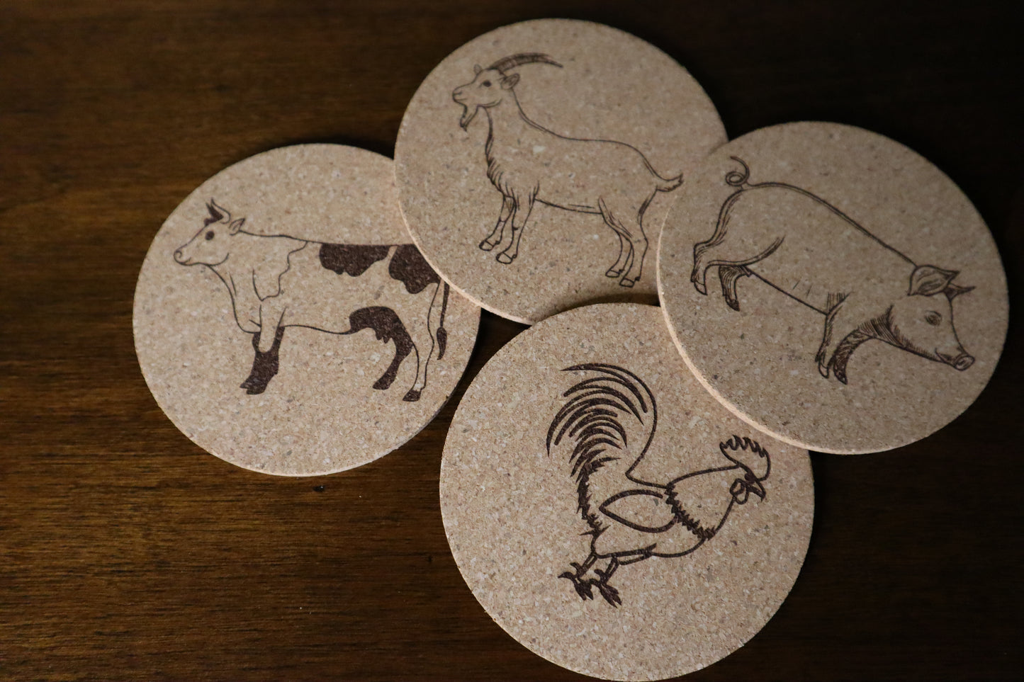 Farm Animal Cork Coasters Set – Cow, Goat, Pig & Rooster