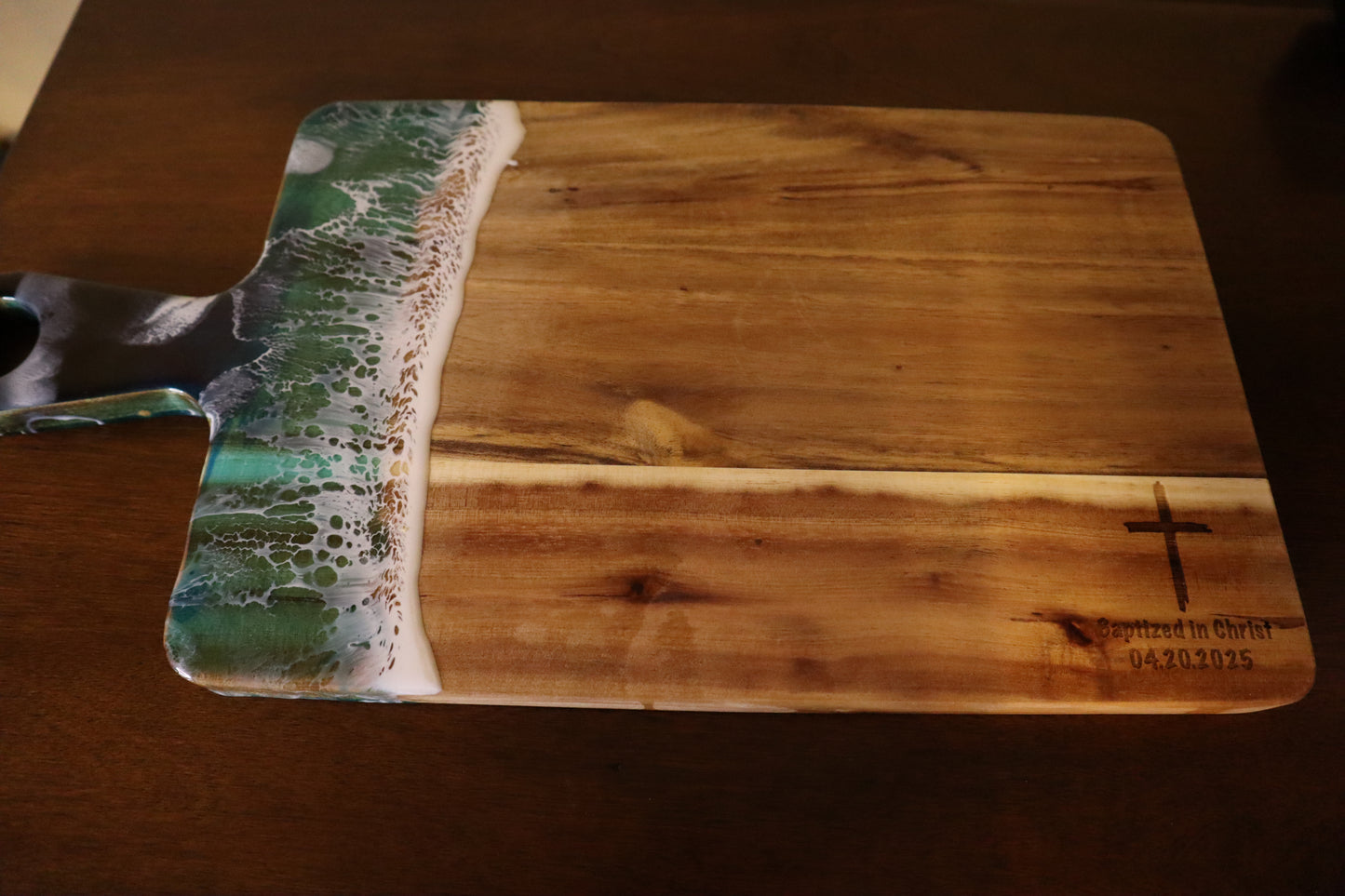 Ocean Wave Baptism Cutting Board – "Baptized in Christ" Engraved Gift