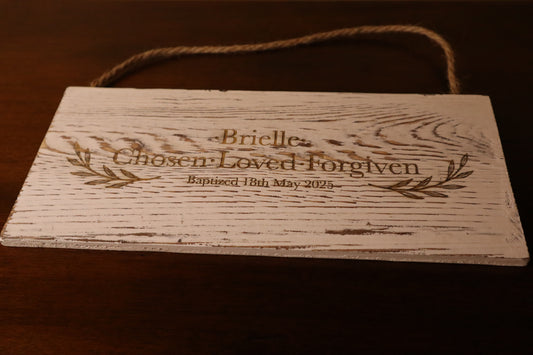 Custom Baptism Sign – Chosen, Loved, Forgiven – Personalized Christian Wall Décor