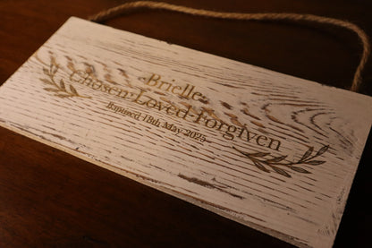 Custom Baptism Sign – Chosen, Loved, Forgiven – Personalized Christian Wall Décor