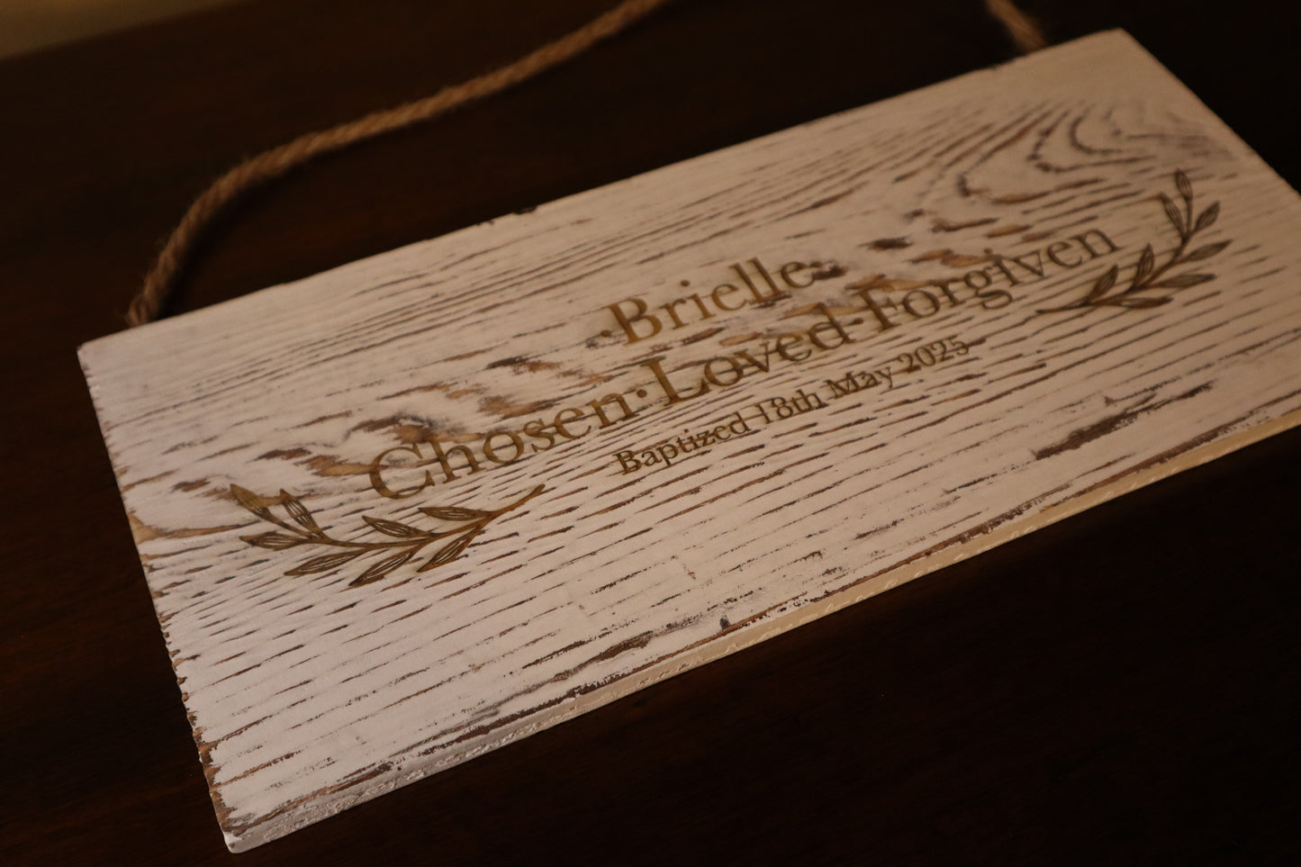 Custom Baptism Sign – Chosen, Loved, Forgiven – Personalized Christian Wall Décor