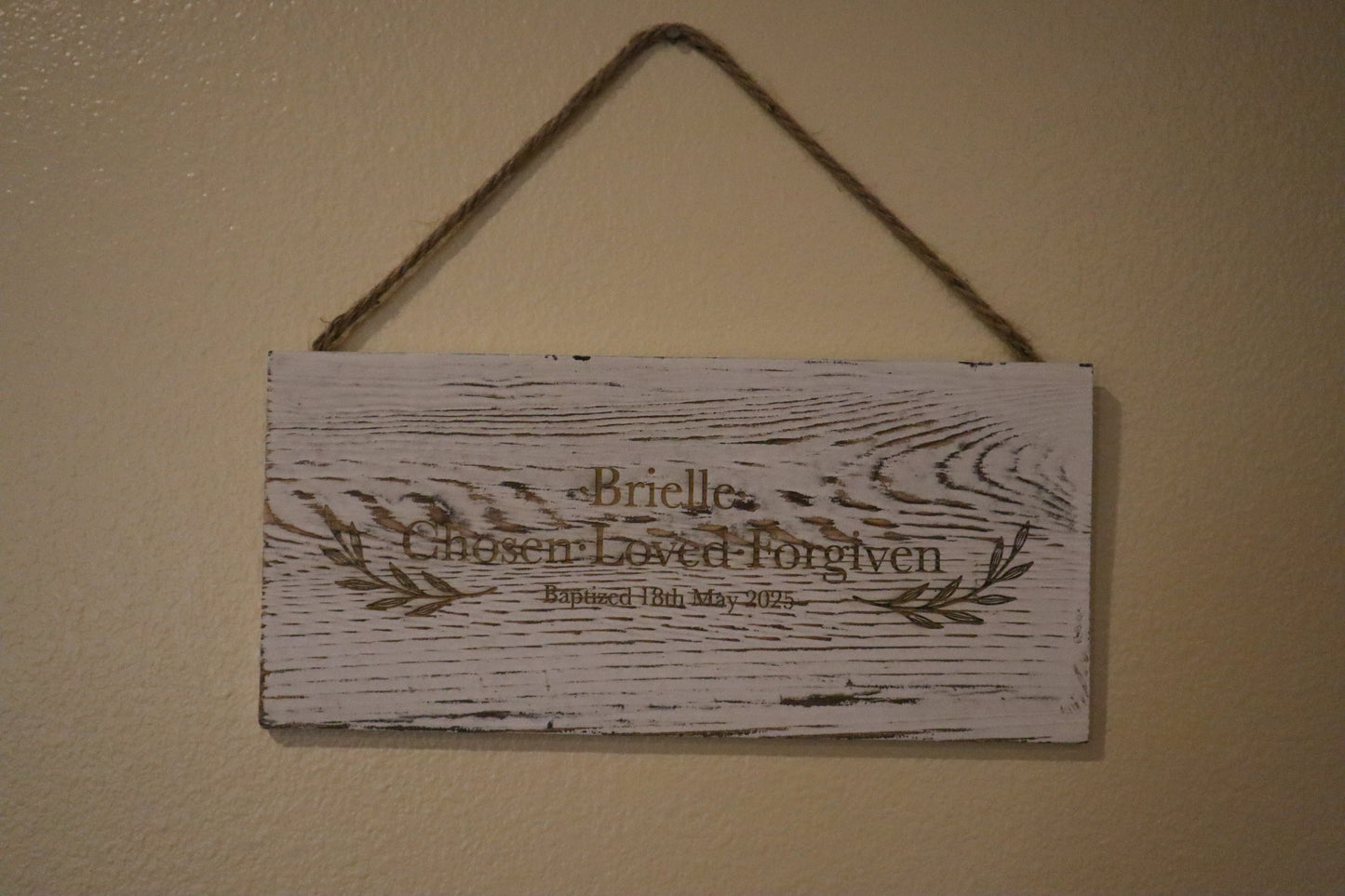 Custom Baptism Sign – Chosen, Loved, Forgiven – Personalized Christian Wall Décor
