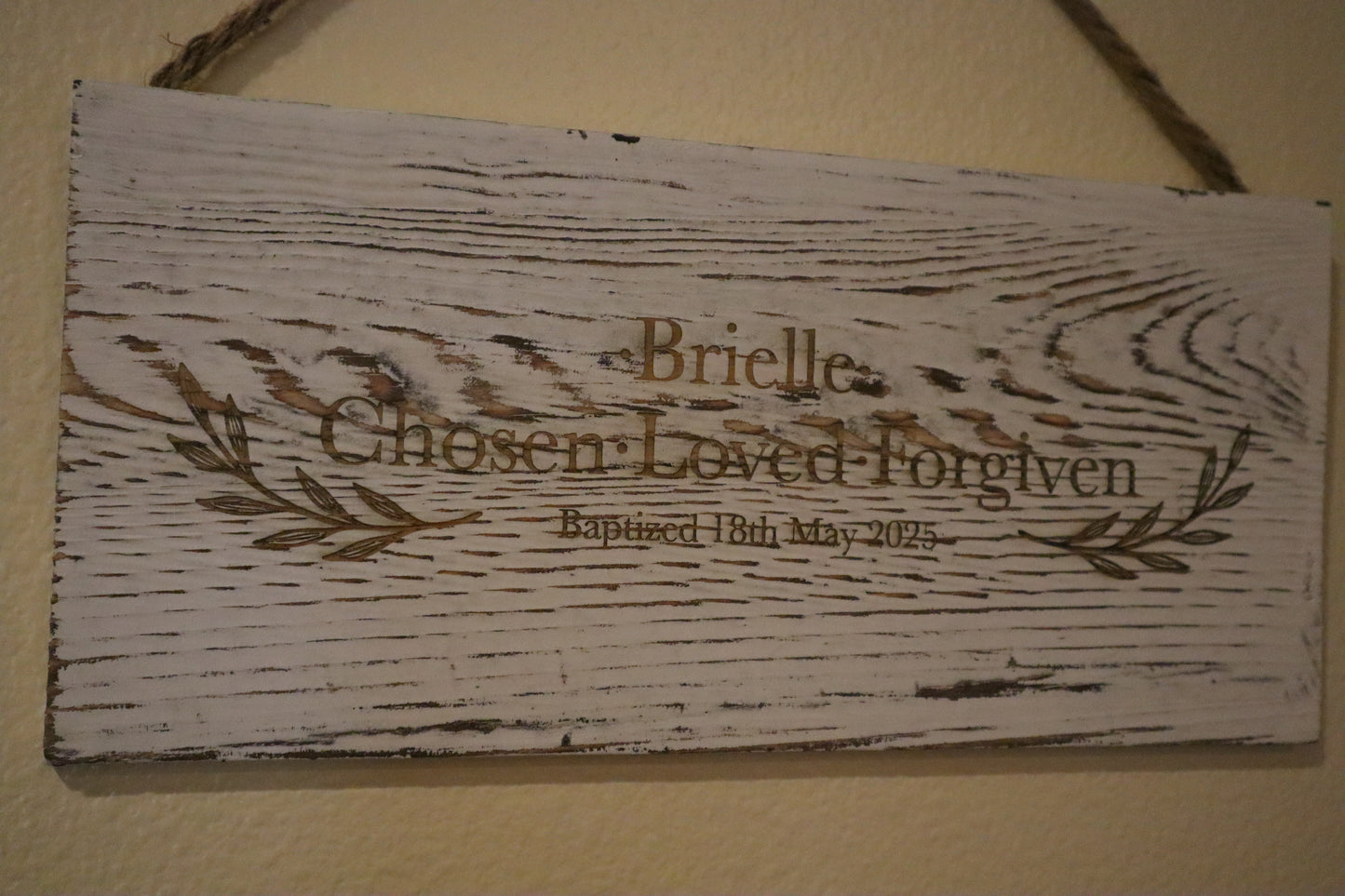Custom Baptism Sign – Chosen, Loved, Forgiven – Personalized Christian Wall Décor