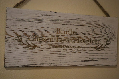 Custom Baptism Sign – Chosen, Loved, Forgiven – Personalized Christian Wall Décor