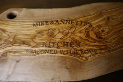 Custom Olive Wood Cutting Board – Personalized Engraved Gift | “Kitchen Seasoned With Love” | Housewarming, Wedding, Anniversary