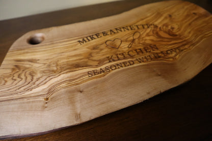 Custom Olive Wood Cutting Board – Personalized Engraved Gift | “Kitchen Seasoned With Love” | Housewarming, Wedding, Anniversary