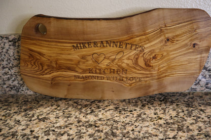 Custom Olive Wood Cutting Board – Personalized Engraved Gift | “Kitchen Seasoned With Love” | Housewarming, Wedding, Anniversary