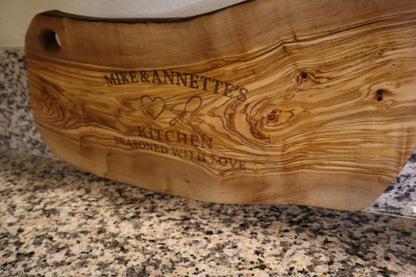 Custom Olive Wood Cutting Board – Personalized Engraved Gift | “Kitchen Seasoned With Love” | Housewarming, Wedding, Anniversary
