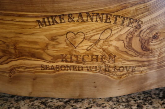 Custom Olive Wood Cutting Board – Personalized Engraved Gift | “Kitchen Seasoned With Love” | Housewarming, Wedding, Anniversary
