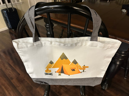 Camping Adventure Tote Bag | Large Canvas Tote | Campfire Design | Reusable Grocery & Library Bag | Outdoor Gift