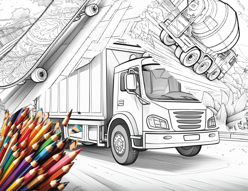 Zoom into Fun: Kids 26 Page Digital download print at home Coloring Book of Work Trucks, Fast Cars, and Fun Rides