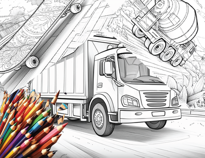 Zoom into Fun: Kids 26 Page Digital download print at home Coloring Book of Work Trucks, Fast Cars, and Fun Rides