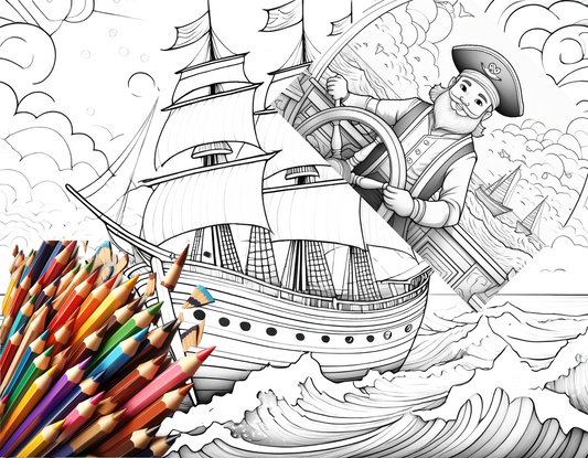 Pirate Adventure 25 Page Coloring Book: Treasure Maps, Pirate Ships, High Seas Fun!
