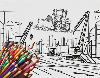 Construction Zone 21 page Coloring Book for Kids: Bulldozers, Cranes, and Dump Trucks Building Skyscrapers